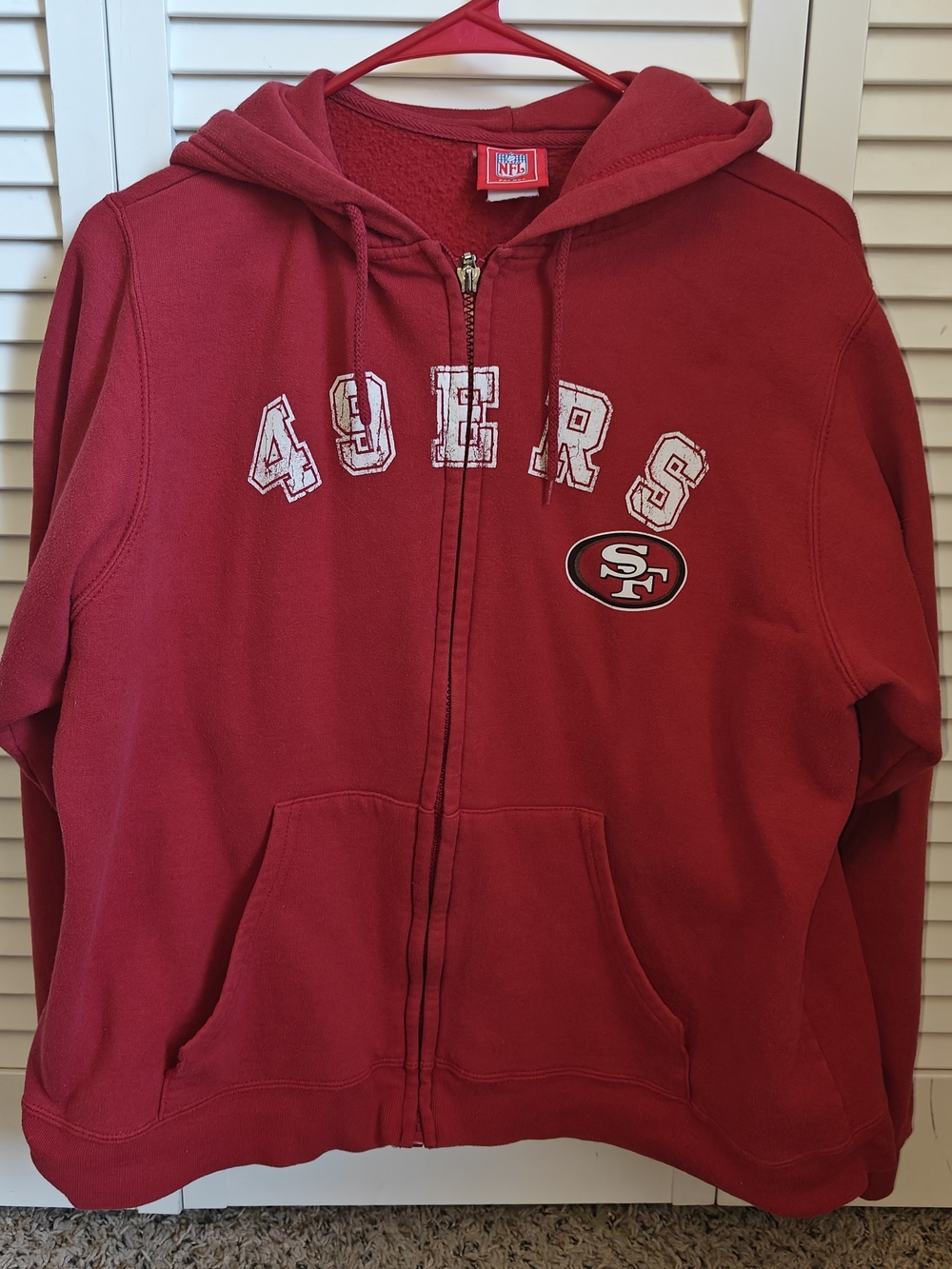 San Francisco 49ers Red Full-Zip Hoodie Distressed Lettering Womens Size L/XL